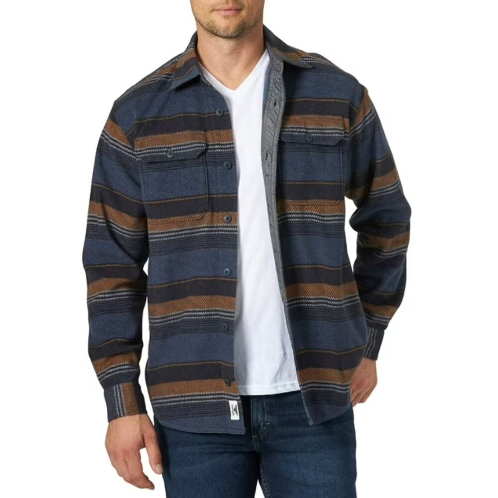 Wrangler Striped Long Sleeve Fleece Button-Up Shirt Blue/Brown Men M Work Preppy